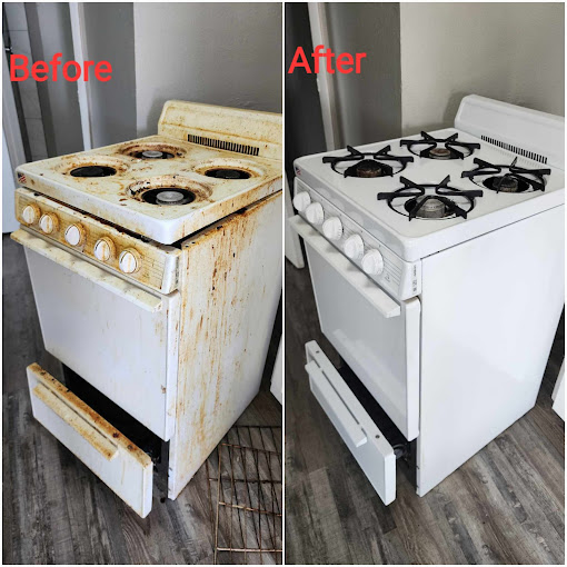 A white stove top oven sitting inside of a kitchen