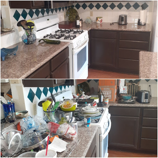 A kitchen with a stove top oven next to a counter