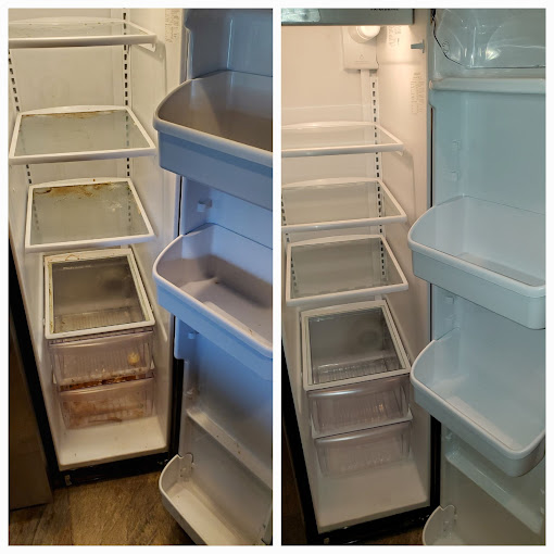 Two pictures of a refrigerator with the door open